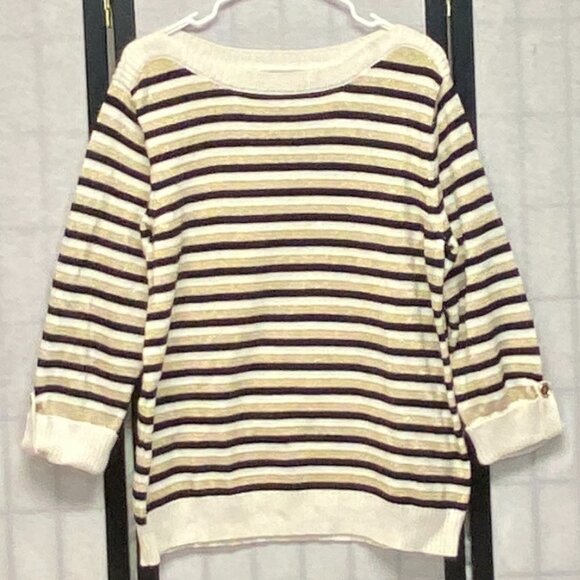 Karen Scott Tops - Karen Scott Wide Stripe Knit Sweater Boat Neck XL 3/4 Sleeve Metallic Gold